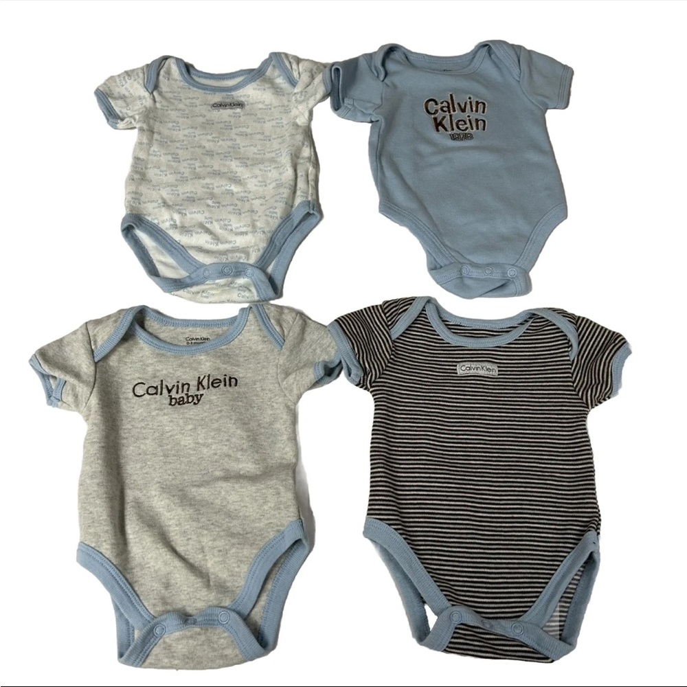 Lot Of 4 Calvin Klein Baby One Piece 0-3 Months 100% Cotton Blue Beige #0445